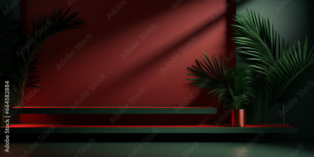 Dark green and red modern mock up scene with light and shadows, product presentation concept Dark green and red modern mock up scene with light and shadows, product presentation concept