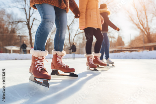 Children friends group skating on outdoor skating rink. Legs in skates close-up
