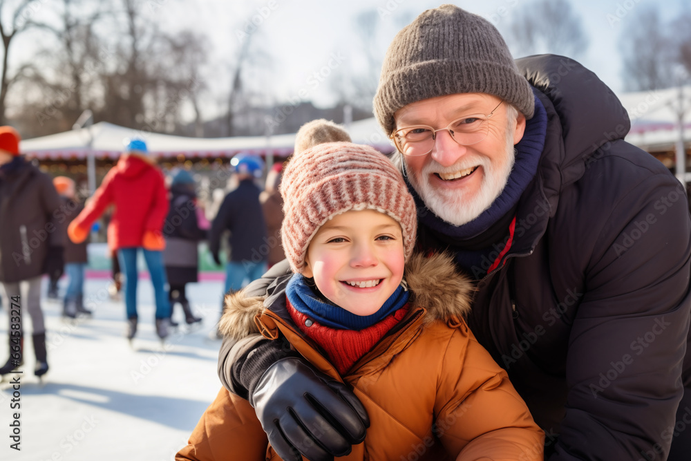 Happy grandfather and grandson having fun and skating on outdoor skating rink