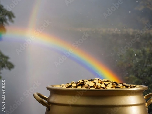 A Pot Full Of Gold Coins With A Rainbow In The Background