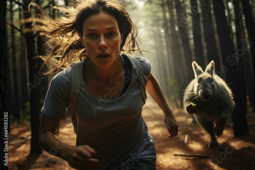 Woman running from a rabbit.