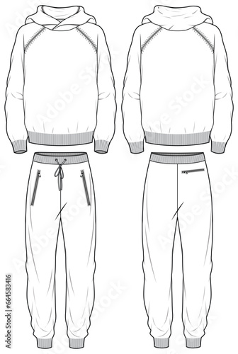 Long sleeve Hoodie sweatshirt jacket with sweatpants design flat sketch Illustration, Hooded sweater jacket with jogger bottom pants front and back view, winter jacket for Men and women