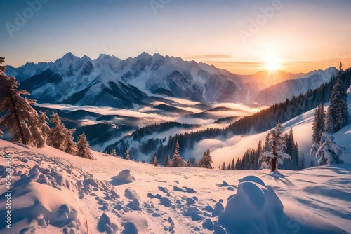 Majestic sunrise in the winter mountains landscape © Ahsan