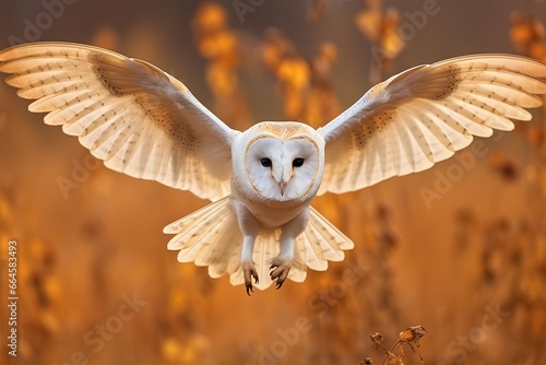 Barn owl flying with wings wide open.