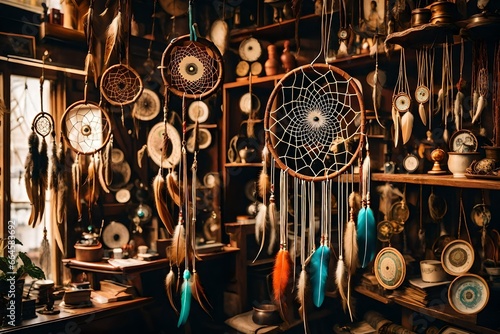 A dream catcher hanging in a vintage, treasure-filled antique shop, surrounded by curiosities from around the world, evoking a sense of nostalgia and wanderlust.