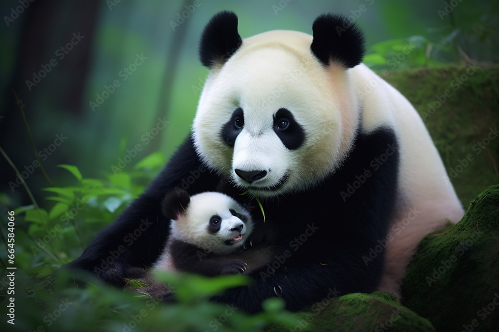 Cute adorable kawaii panda family living in the bamboo forest Cute adorable kawaii panda family living in the bamboo forest