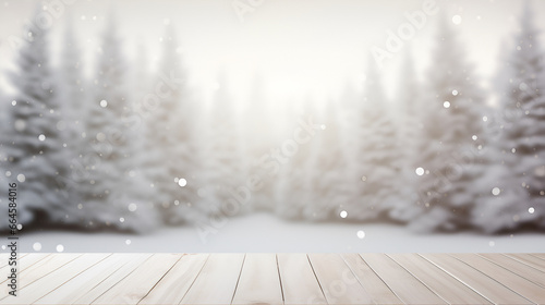Christmas style tabletop with empty wooden white board, against the backdrop of snowy winter fir trees, fairy winter forest with Christmas holiday lights and bokeh Christmas mockup for product montage © Tetiana