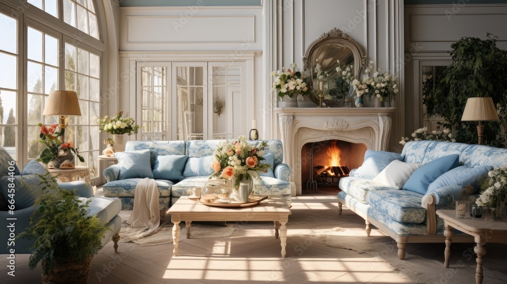 Classic interior of open space with design modular light blue sofa, furniture, wooden coffee table, pillows, tropical plants and elegant personal accessories in stylish home decor. Neutral living room