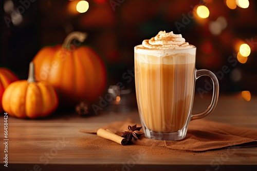Pumpkin spice latte - spiced pumpkin latte - coffee with the addition of pumpkin syrup and spices. Against a background of glare and blurry lights.