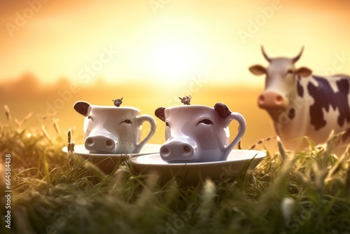 Funny artwork of cows grazing in a meadow, eating grass during sunset. Coffee-themed with dishes. Generative AI © Beatriz