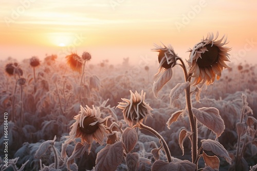 Frost in the sunflower field.
