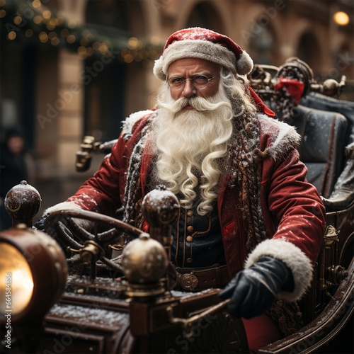 Santa Claus in a stylized retro car with embroidery and with ethnic elements on clothes. 