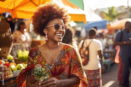 Happy black woman shopping at a street market.