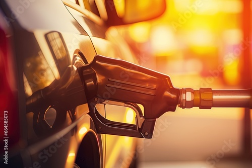 Hose filling a gas tank of a car at a gas station.