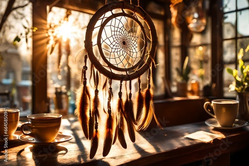 A dream catcher hanging in the window of a cozy bohemian cafe, dappled with sunlight, creating an inviting, relaxed ambiance for patrons.