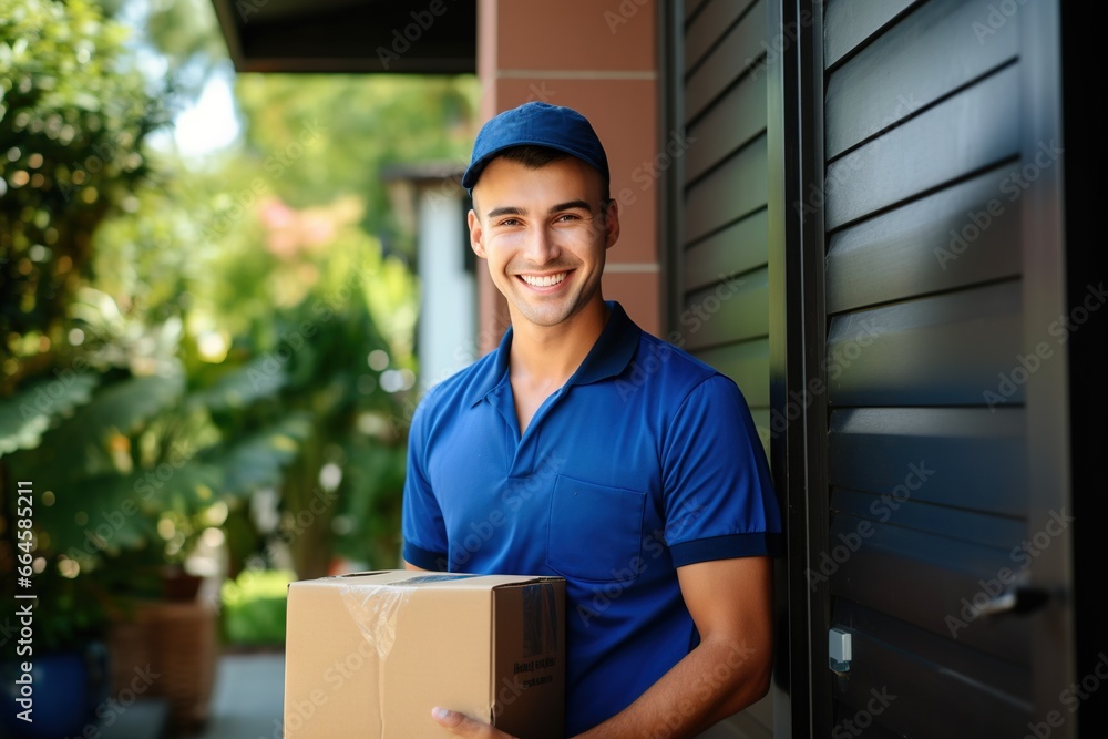 Young smiling delivery mailman delivering parcel cardboard box in front of a house door. Young smiling delivery mailman delivering parcel cardboard box in front of a house door.