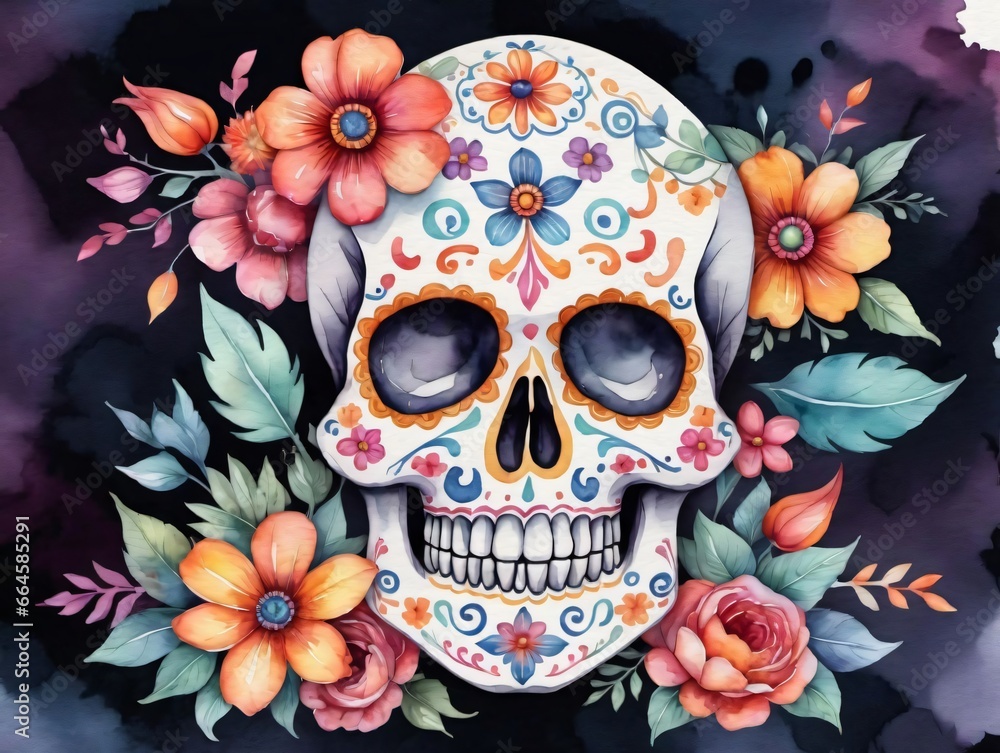 Watercolor Skull With Flowers Watercolor Skull With Flowers