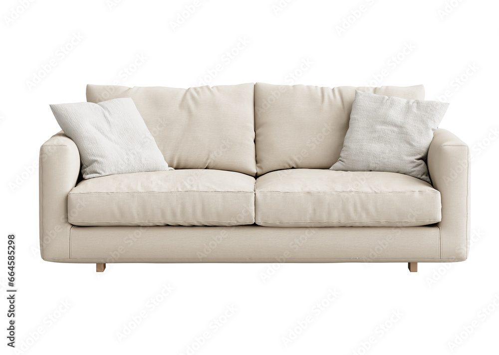 3d rendering of a modern beige soft comfortable sofa, isolated on transparent background, cutout ready for architectural visualisation., png - obrazy, fototapety, plakaty 