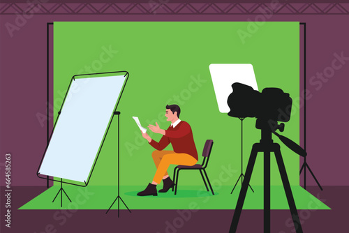 Vector illustration of an actor reading a text on a chroma key background. Cartoon scene with an actor sitting on a chair and reading a text from a paper of a camera and lights in a film studio.