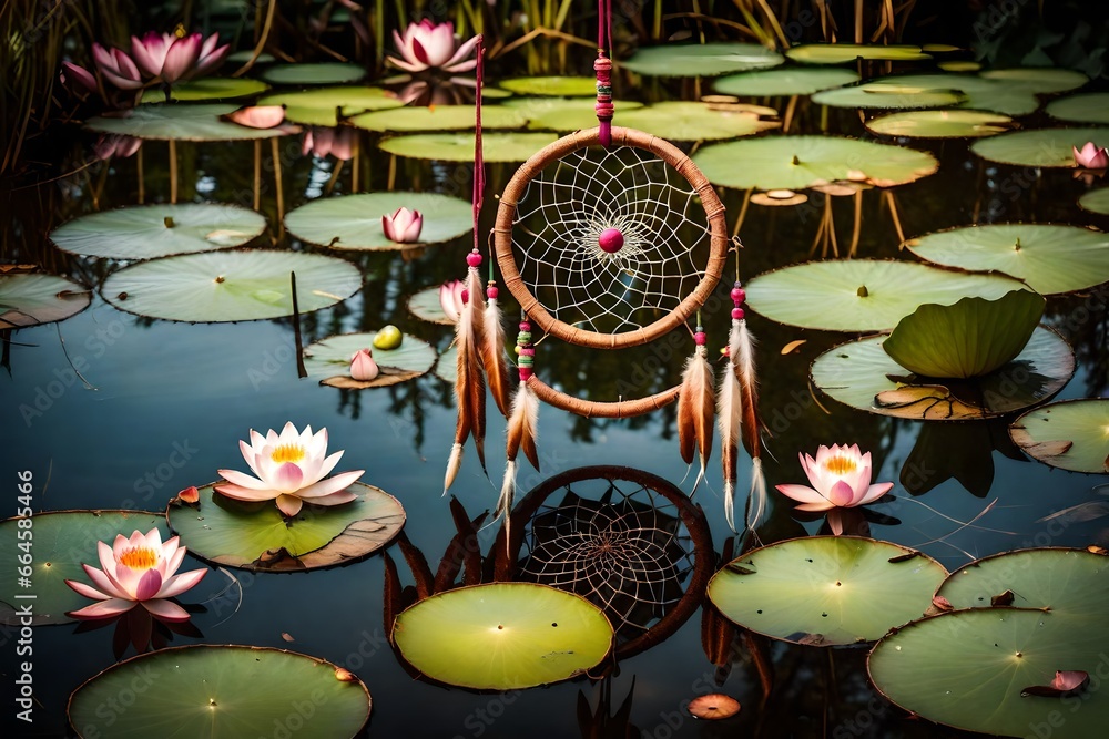 A dream catcher floating in a serene pond, surrounded by lily pads and lotus flowers, in a garden designed for meditation and reflection.