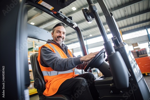 Logistics worker driving with forklift.