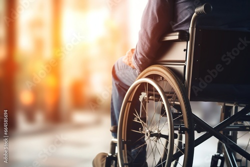 Man in wheelchair with physical disability mobility disorder. Close-up with copy space. 