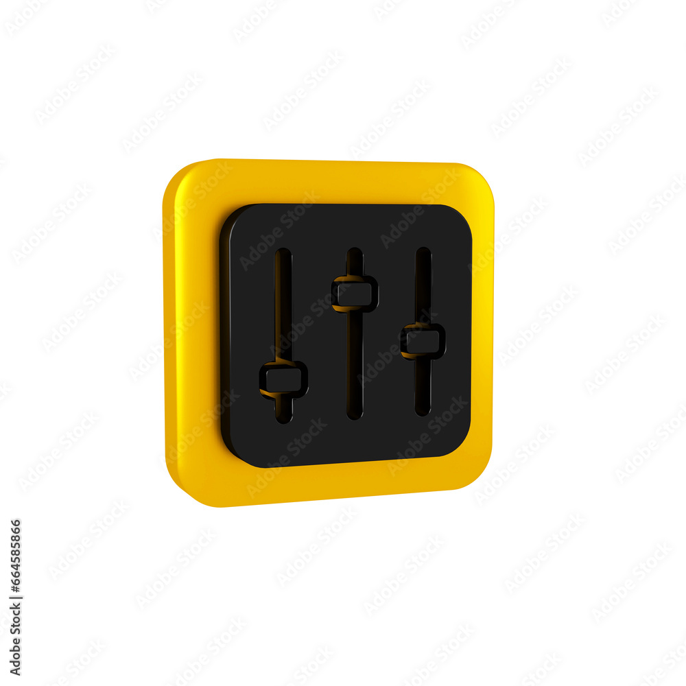 Black Sound mixer controller icon isolated on transparent background. Dj equipment slider buttons. Mixing console. Yellow square button. Black Sound mixer controller icon isolated on transparent background. Dj equipment slider buttons. Mixing console. Yellow square button.