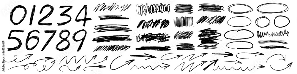 Grunge charcoal scribble stripes, freehand numbers, emphasis arrows, hand-drawn doodle squiggles, Chalk or marker doodle rouge scratches. Vector illustration of hand painted scrawl frames