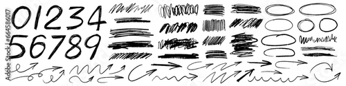 Grunge charcoal scribble stripes, freehand numbers, emphasis arrows, hand-drawn doodle squiggles, Chalk or marker doodle rouge scratches. Vector illustration of hand painted scrawl frames