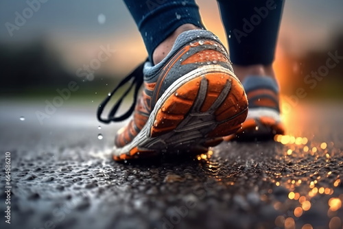 Runner feet running on road closeup on shoe. Man fitness jog workout. Wellness concept