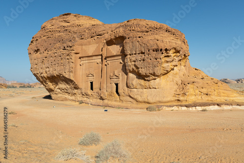 Hegra or Madain Saleh near Al-Ula, Saudi Arabia. Unesco heritage, Nabataean temples that are carved out in the rocks. The temples are historically related to the famous city of Petra in Jordan. photo