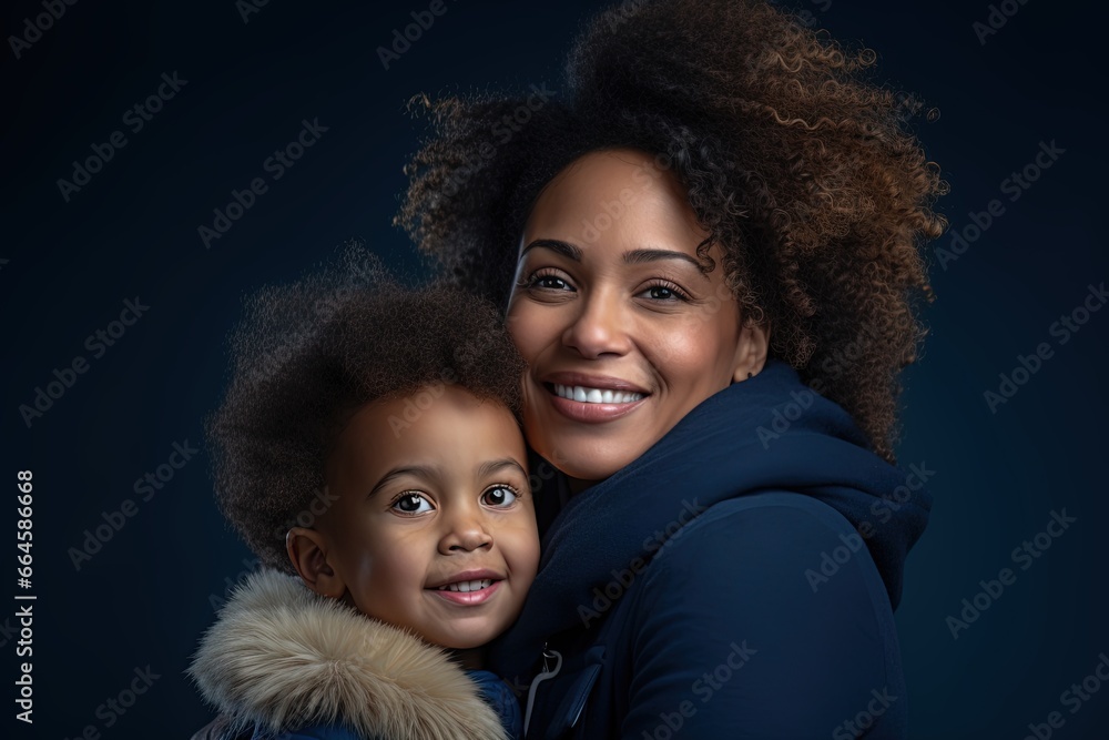 Happy african american woman holding cute little boy, navy clothes. Happy african american woman holding cute little boy, navy clothes.