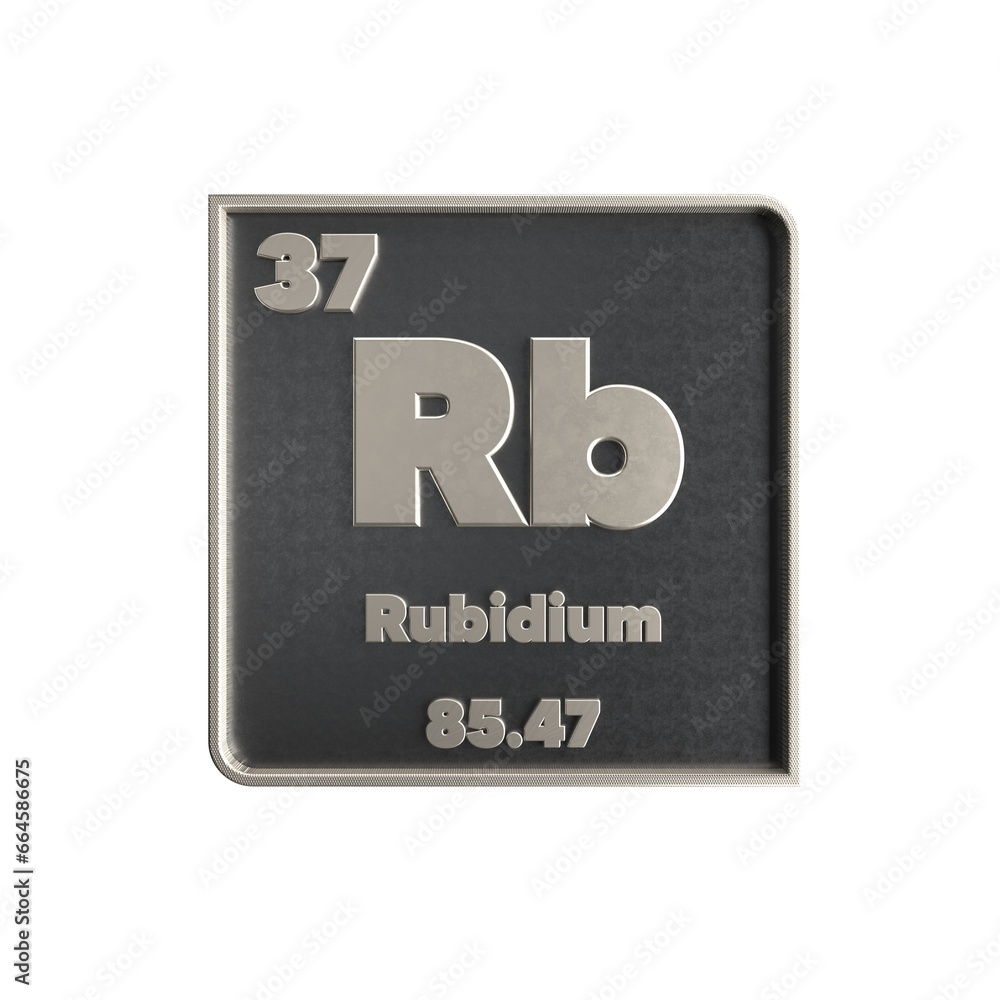 rubidium chemical element black and metal icon with atomic mass and atomic number. 3d render illustration.