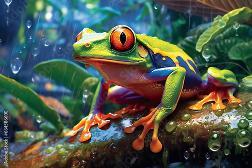 Poison vivid color frog. Poisonous animal of tropical rainforest. Pet in terrarium.