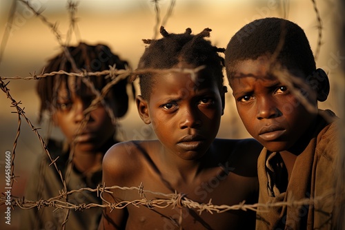 African refugees kids in front of barbed wire border.