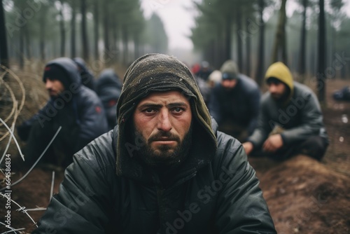 Portrait of Syria refugees in front of barbed wire border and forest in cold day.