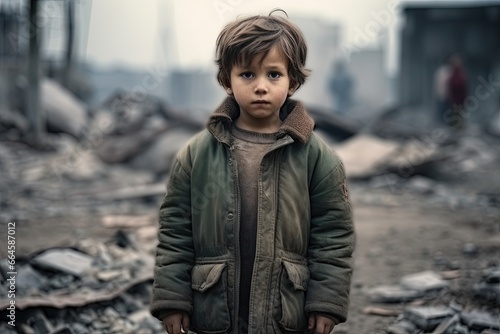 Sad little kid, refugee. City destroyed by bombs.