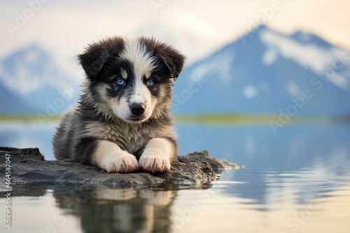 Calm Alaskan Mal pup. Generative AI
