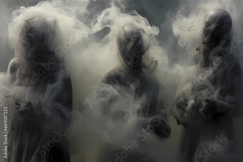 Ghosts in the haze, mystical scene. Halloween background, gray fog