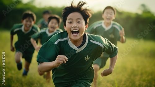 A group of excited Asian children playing soccer photo