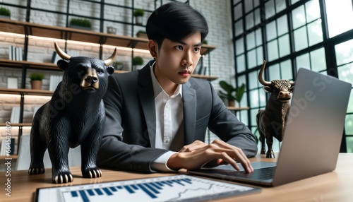 Close-up photo of a determined Asian individual, surrounded by a modern desk setup. A bear statue and a bull statue flank them, symbolizing market photo