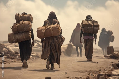 Refugees walking with bags and suitcases. photo