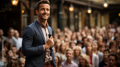 A confident speaker delivering a presentation with passion and enthusiasm.