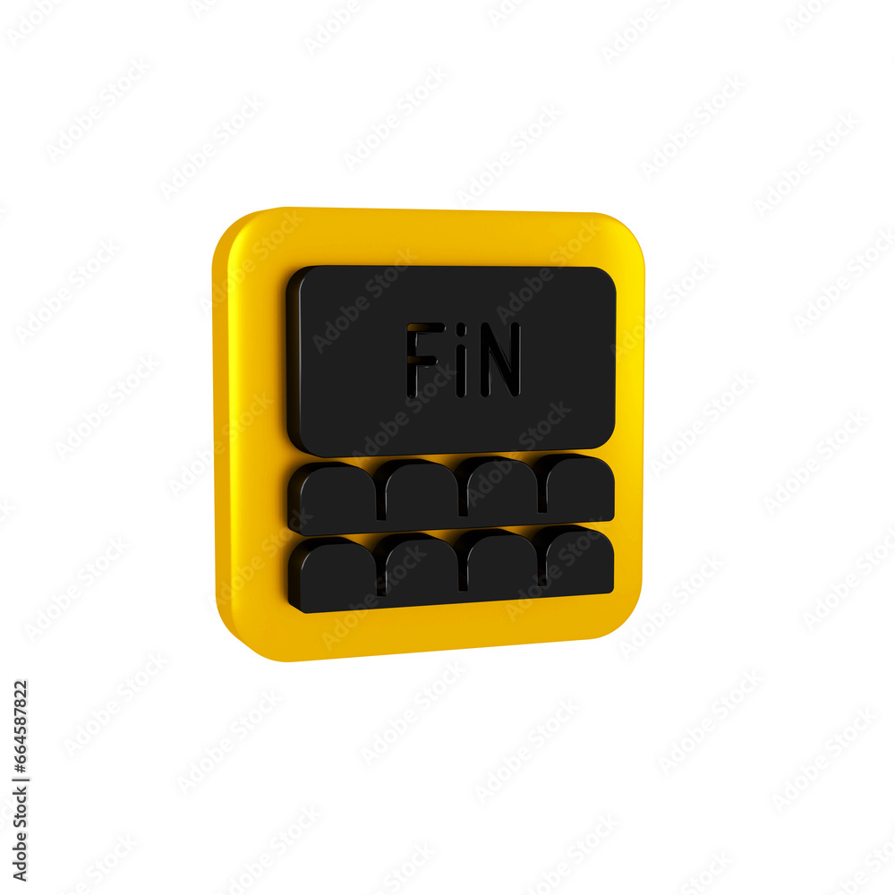 Black Cinema auditorium with screen icon isolated on transparent background. Yellow square button. Black Cinema auditorium with screen icon isolated on transparent background. Yellow square button.