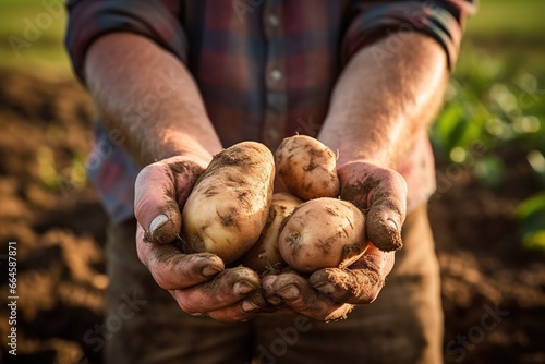 Farmer picks potatoes by hand in the field.