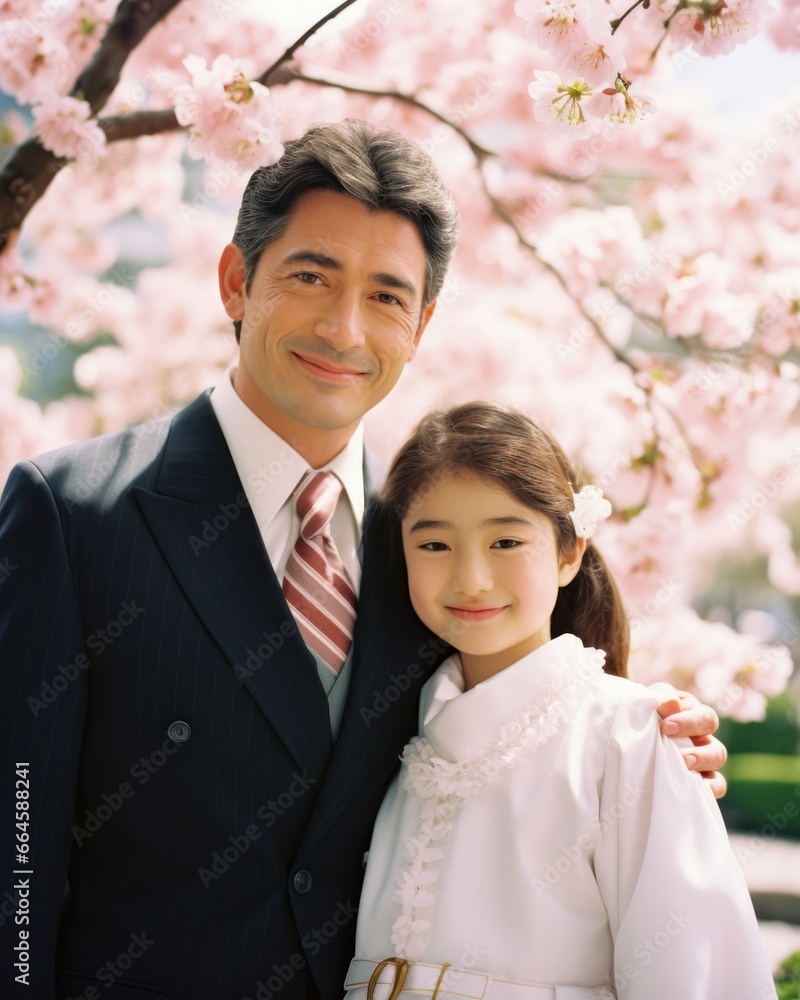 A doting Caucasian father and daughter. Tranquil vibe. A picturesque garden with blooming cherry blossoms. A doting Caucasian father and daughter. Tranquil vibe. A picturesque garden with blooming cherry blossoms.