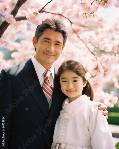 A doting Caucasian father and daughter. Tranquil vibe. A picturesque garden with blooming cherry blossoms.