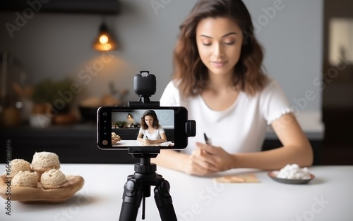 A girl is sitting at a table and recording a video