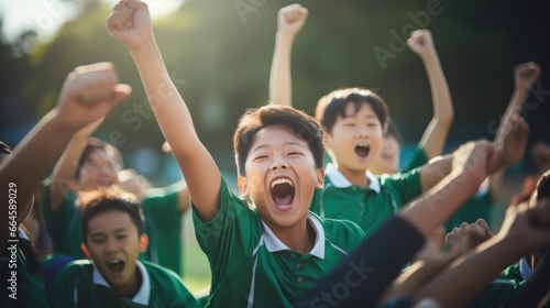 A group of excited Asian children playing soccer © PixelPaletteArt