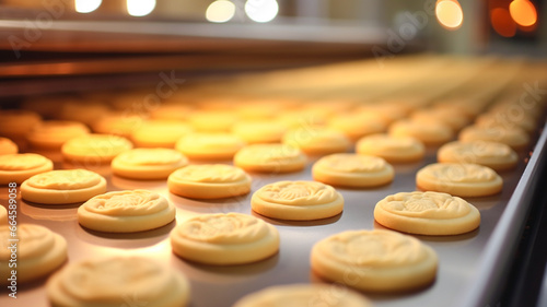 Production line of baking cookies. Biscuits on conveyor belt in confectionery factory. Production line at the bakery.  